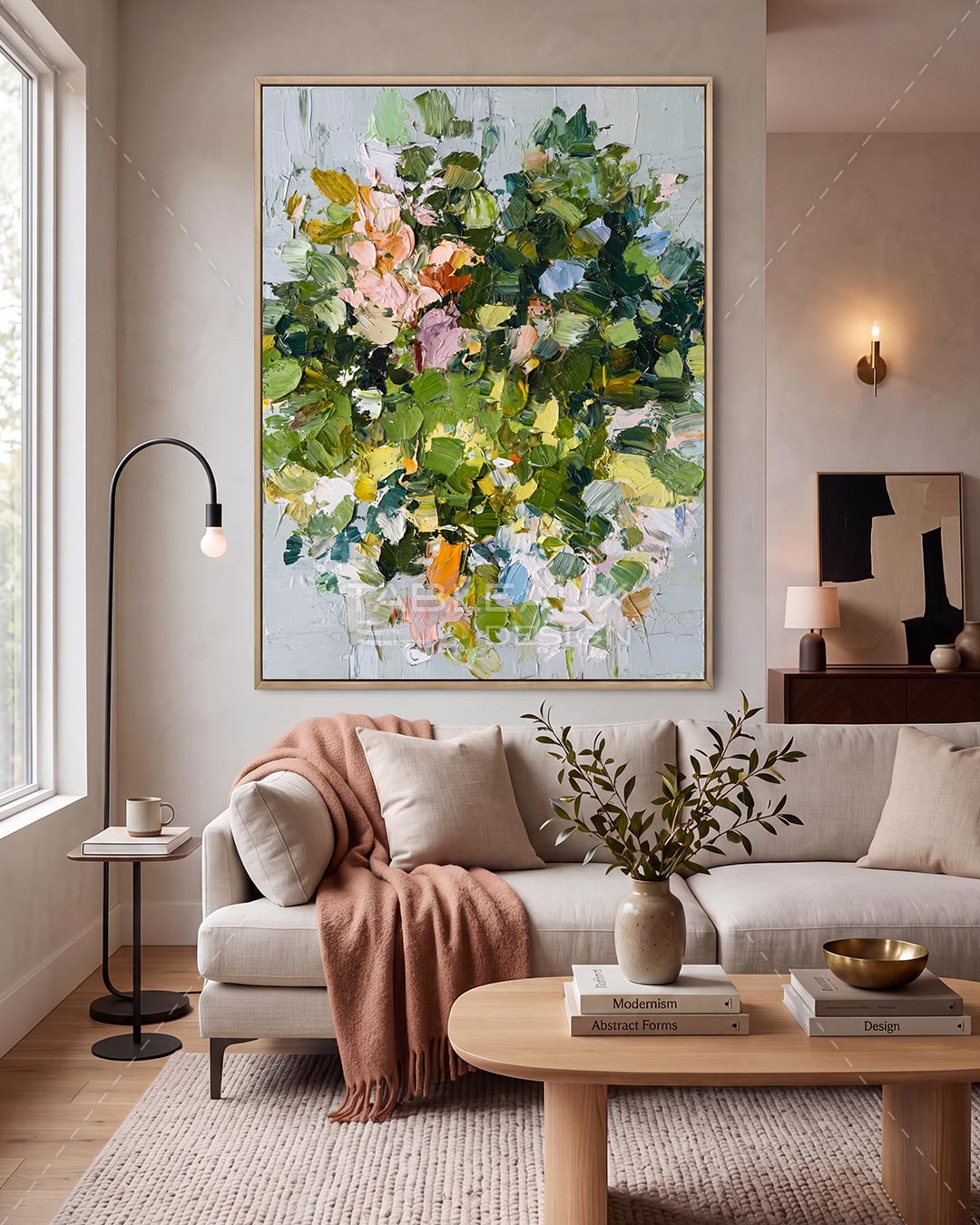 Tableau Bouquet Floral Abstrait — Peinture au Couteau Fait Main | Vert & Pastel