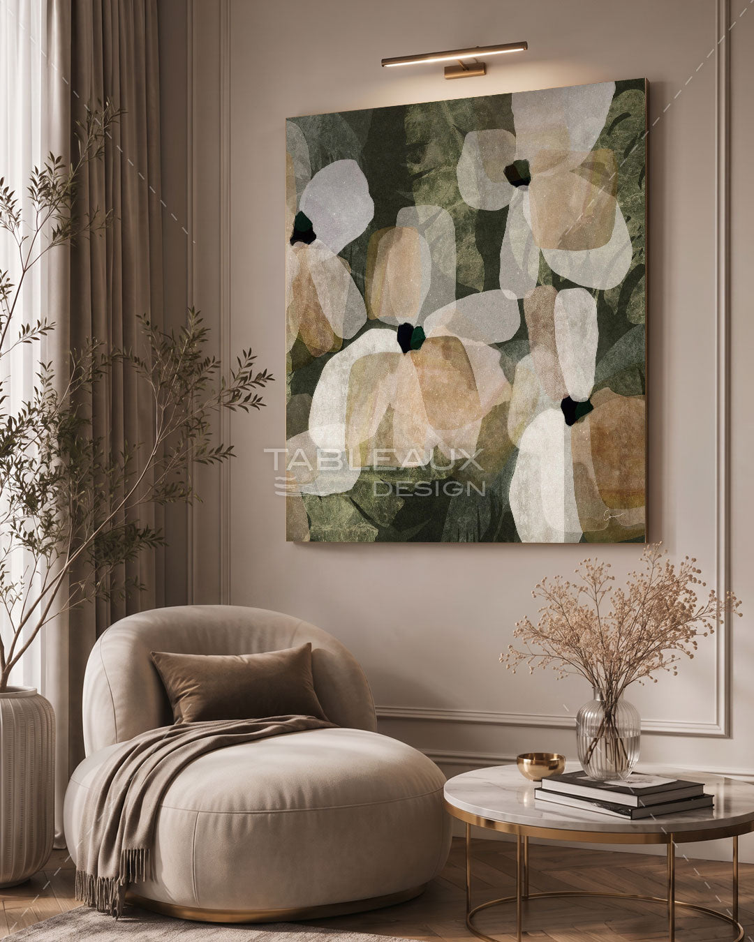 Tableau Floral Abstrait — Fleurs Vertes & Beige