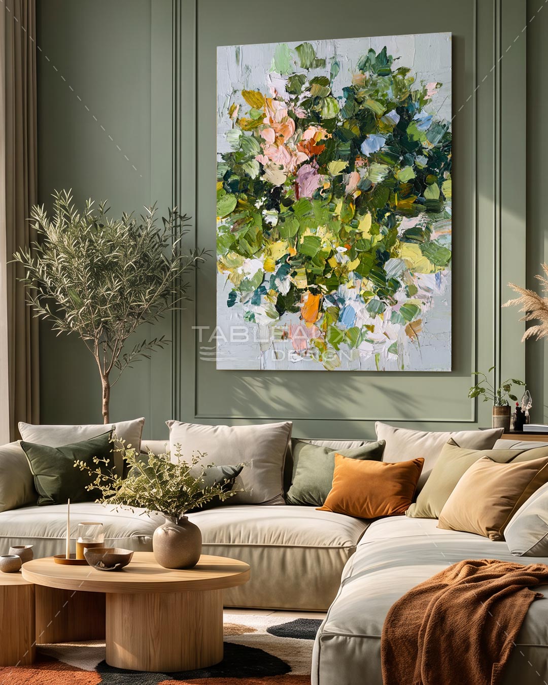 Tableau Bouquet Floral Abstrait — Peinture au Couteau Fait Main | Vert & Pastel