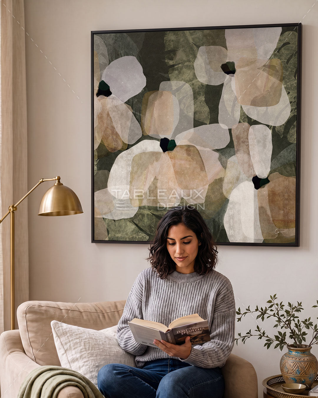 Tableau Floral Abstrait — Fleurs Vertes & Beige
