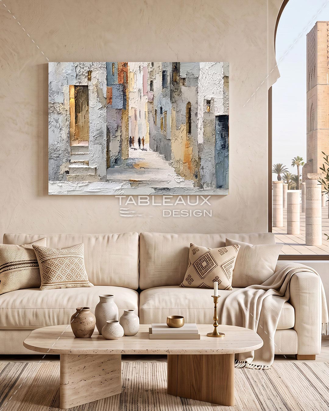 Tableau Ruelle Méditerranéenne — Peinture Texturée Fait Main | Abstrait Beige & Bleu