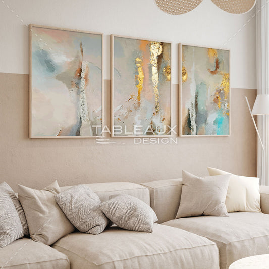 Échos Lumineux : Triptyque Harmonieux en Beige et Doré - tableauxdesign