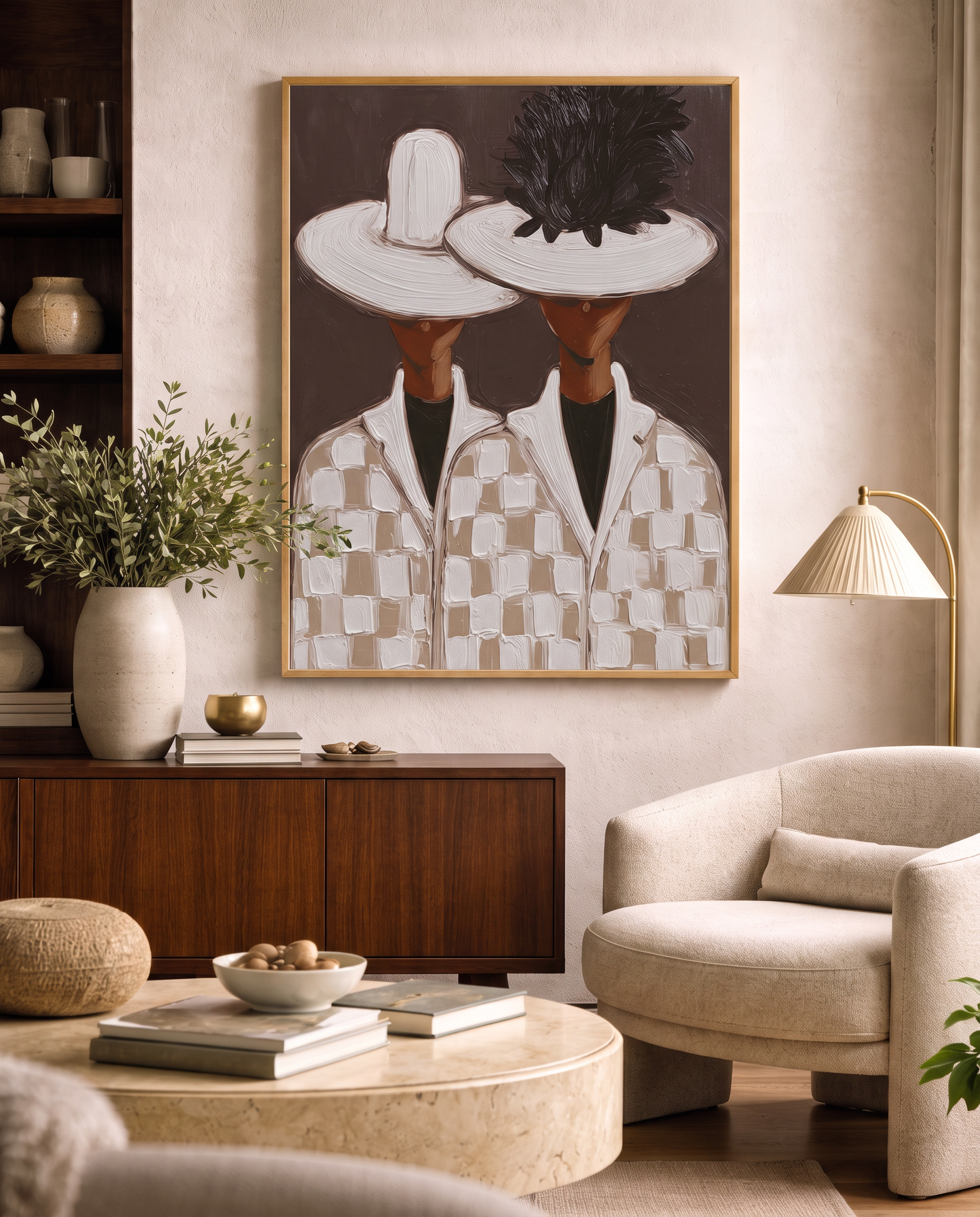 Tableau Deux Élégantes — Portrait Abstrait Fait Main | Art Contemporain Beige & Marron