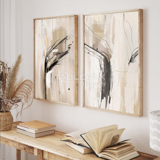 Équilibre en douceur : un diptyque abstrait en nuances de beige et de gris - tableauxdesign
